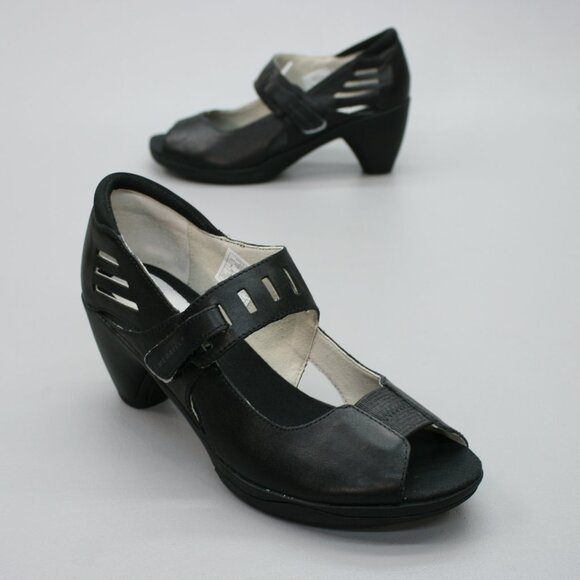 Merrell Ladies 8 Evera MJ Black Mary Janes Hook Loop Peep-toe Pumps Heels Shoes - Picture 1 of 12